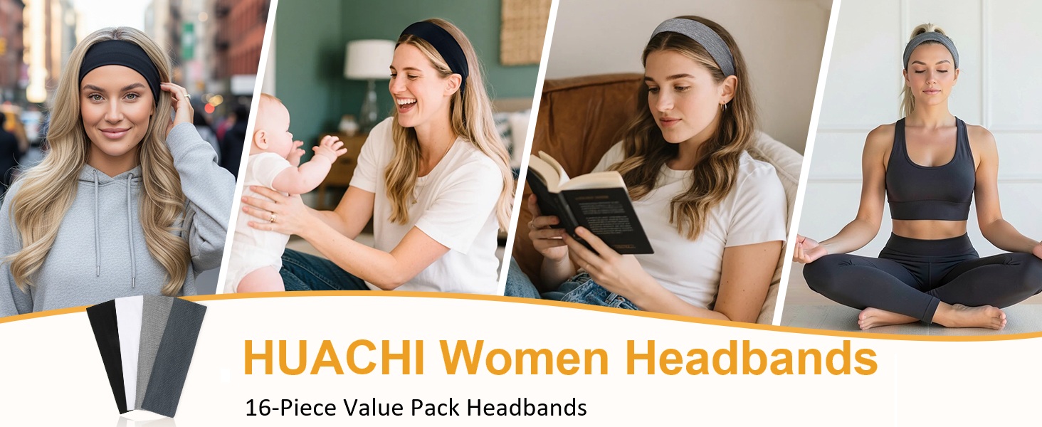 Huachi Headbands for Women Non Slip 16 Pack for Sports Workout Yoga Fashion Hair Accessories