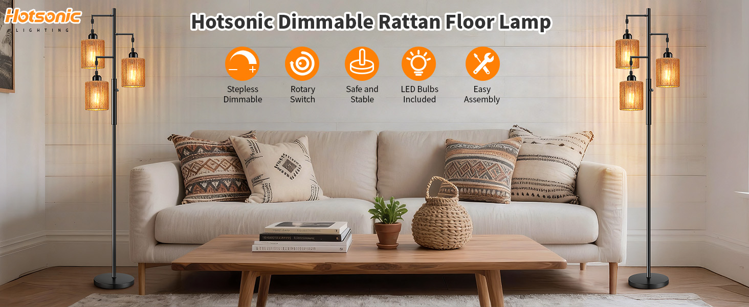 Hotsonic 72" Rattan Boho Floor Lamp, Tall Dimmable Standing Lamp with Handcrafted Brown Shad