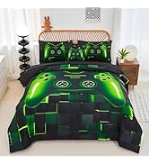 PERFEMET 6 Pieces Twin Gaming Bedding Set Green Game Console Kids Bed in A Bag 3D Black Gamer Com...