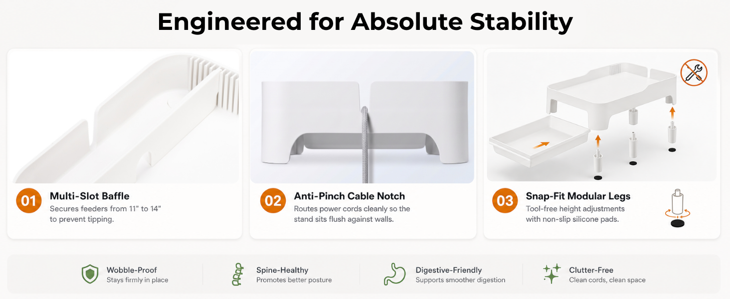 Adjustable baffle and cable management notch for anti-tipping smart cat feeder stand