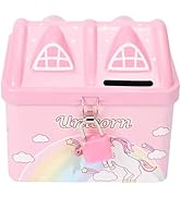 Wakauto Unicorn House Shaped Metal Piggy Bank with Lock Unbreakable Money Bank Girls Saving Box f...