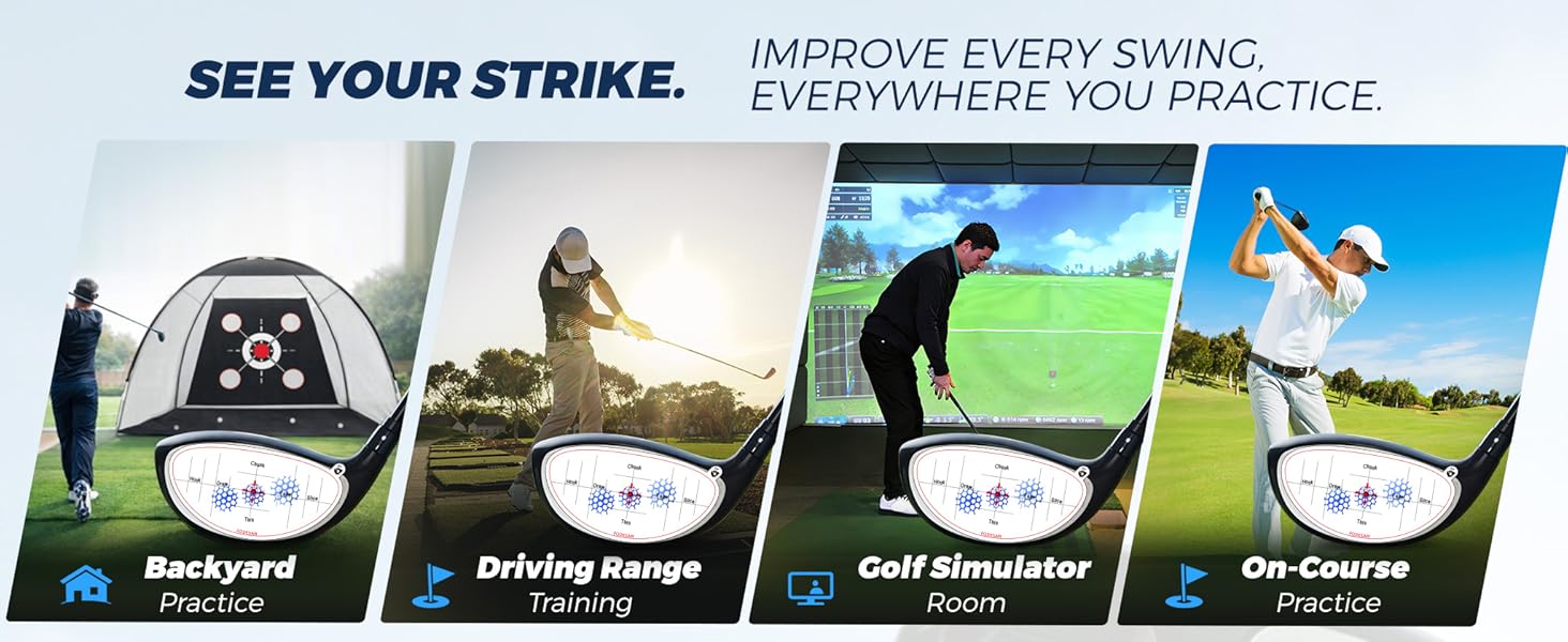Golf impact tape training graphic showing four golf practice environments