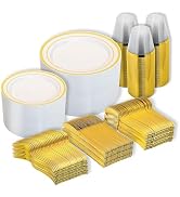 N9R 600PCS Disposable Plastic Plates, Gold Plastic Dinnerware Set Includes 100 Dinner Plates, Des...