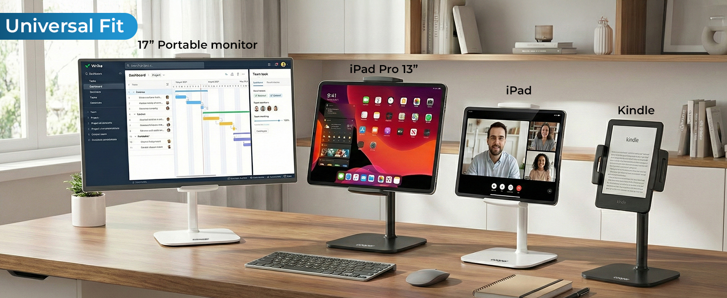 iPad holder stand and tablet mount for desk fits iPad, tablet, Kindle, and portable monitor devices