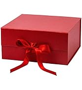 WRAPAHOLIC 2Pcs Red Gift Box with Satin Ribbon, 8x8x4 Inches Collapsible Gift Box with Magnetic C...