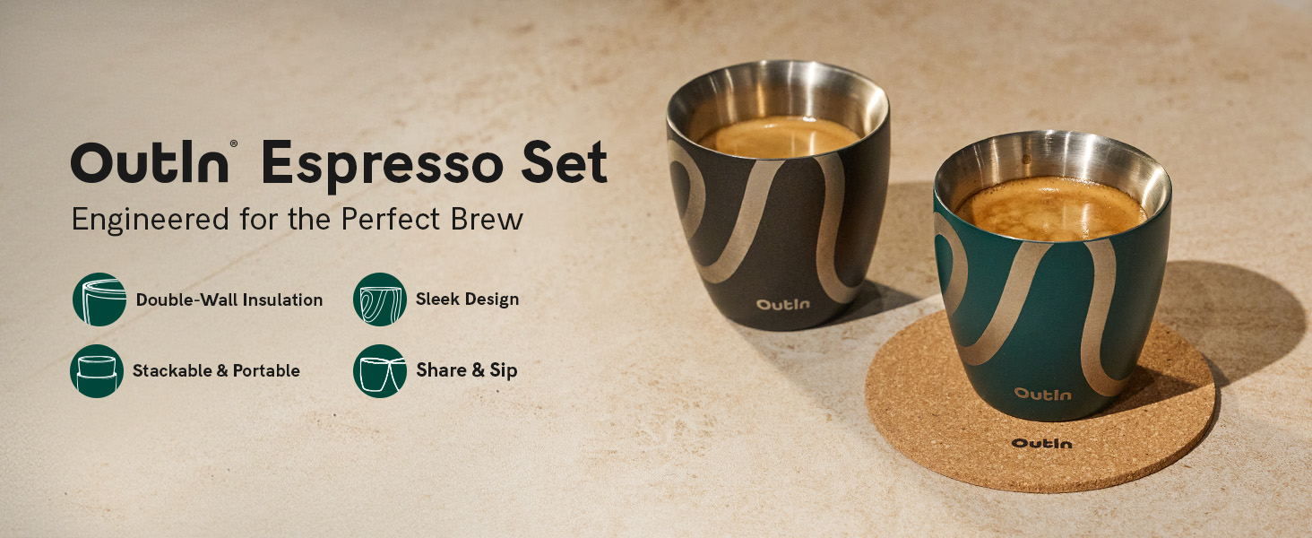 Text reads 'Oubln Espresso Set' and 'Engineered for the Perfect Brew'. Product display of emerald green espresso cups with gold-tone accents and matching saucers.