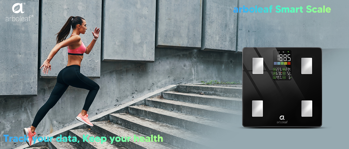 Smart scale device shown in black with digital display and multiple measurement indicators, displayed alongside active fitness imagery.