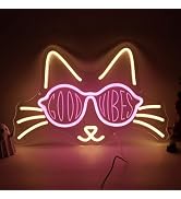 Cat Face Neon Sign GOOD VIBES LED Neon Light Sign for Wall Decor, Cute Kitty Neon Signs for Bedro...
