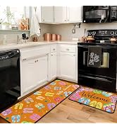 Yovirinto Summer Beach Kitchen Mats Set of 2, Non-Slip Absorbent Rugs with Flip Flop & Palm Print...