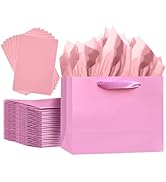 qiqee 5PCS Pink Gift Bags with Ribbon Handles 9.6"x7.9"x4.3" Medium Size Gift Bags (10PCS Tissue ...