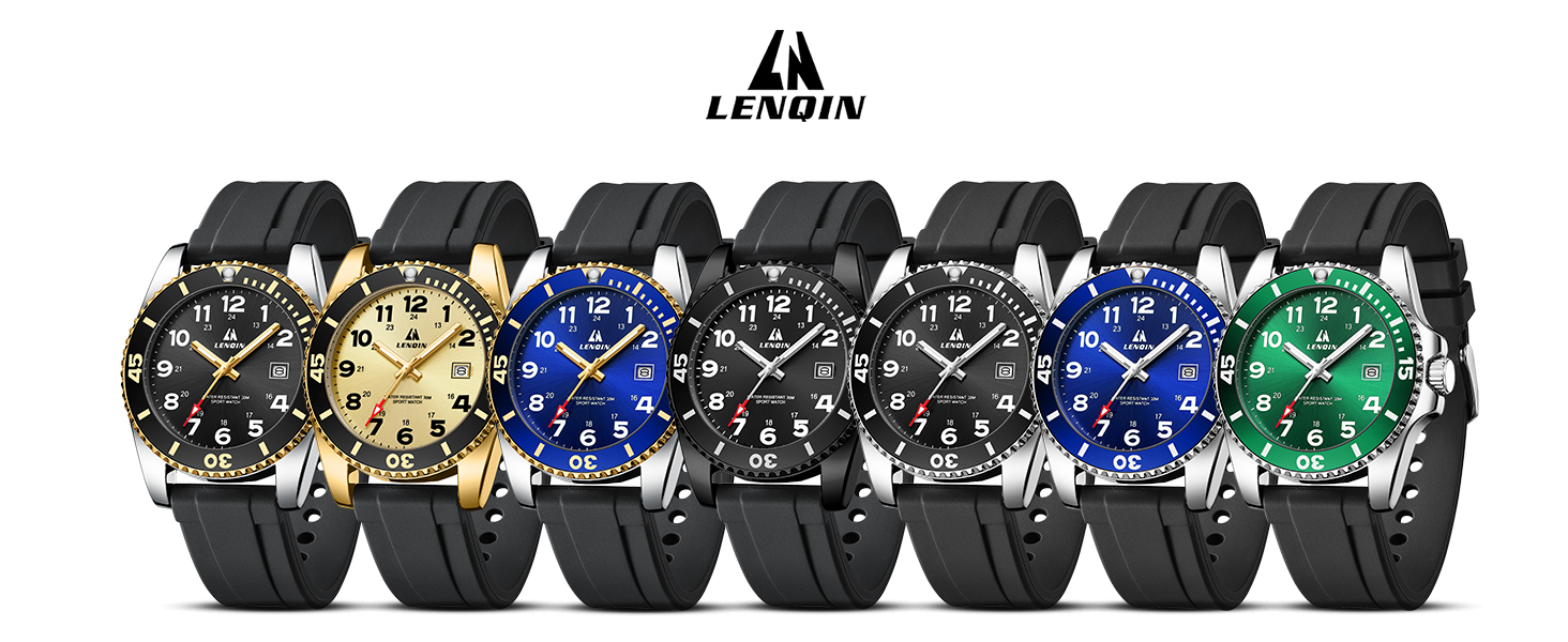 Seven analog watches with black rubber straps displayed in a row, featuring various colored dials including gold, blue, black, and green with the LENIN brand logo visible on each watch face.