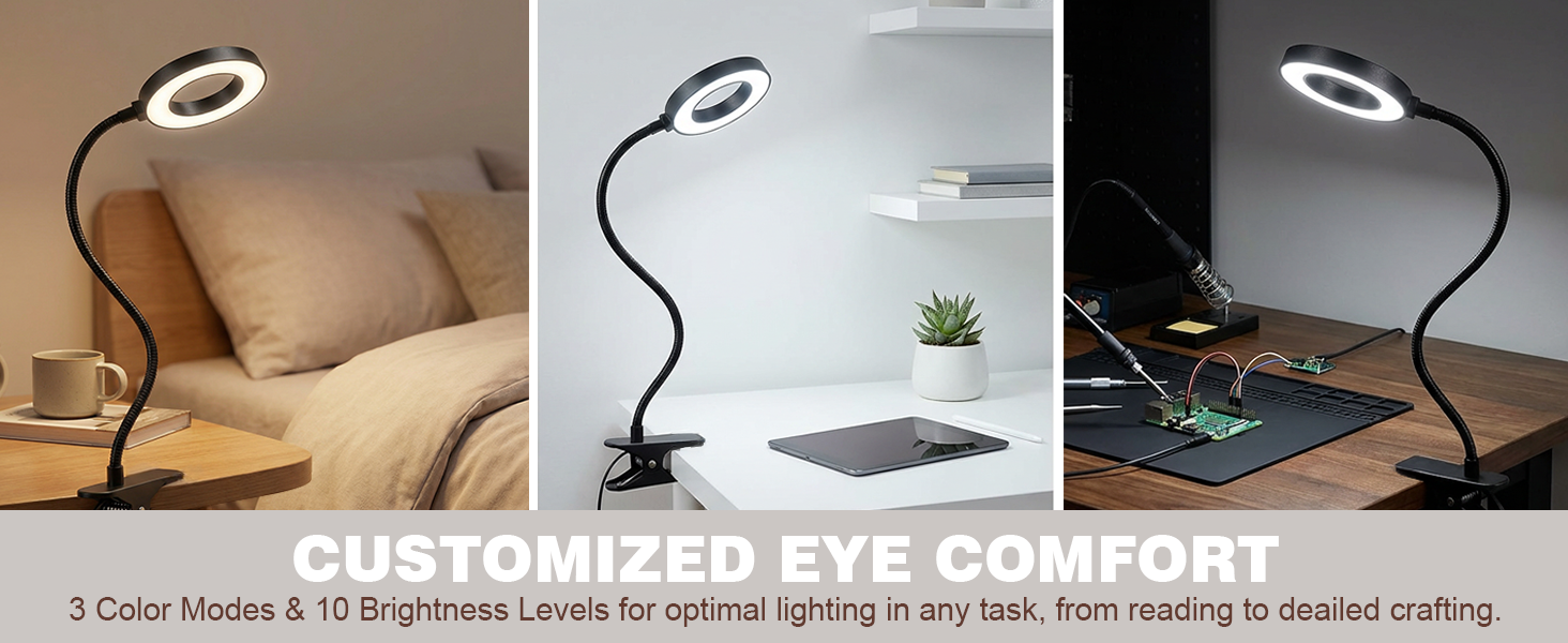 LED reading light for bed showing warm, natural and cool color modes, clip on lamp for crafting