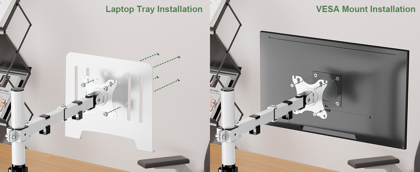 two options for laptop arm mounting with notebook or monitor