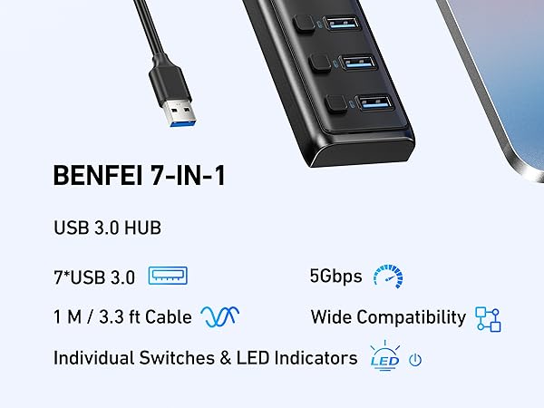 BENFEI USB 3.0 Hub 7-Port, Ultra-Slim Portable USB Splitter with 3.3ft Cable