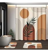Tayney Mid Century Bohemian Shower Curtain Set with Toilet Lid Cover and Non-Slip Rugs, Abstract ...
