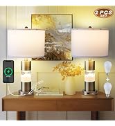 Serteaw Set of 2 Gold Bedroom Lamp for Nightstands, Touch Table Lamps, USB Charging Ports, with S...