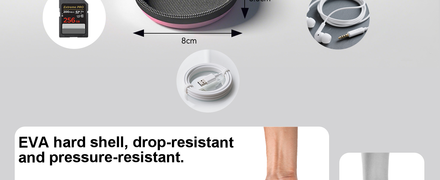 Text reads 'EVA hard shell, drop-resistant and pressure-resistant.' Close-up product details of protective case features showing durability aspects.