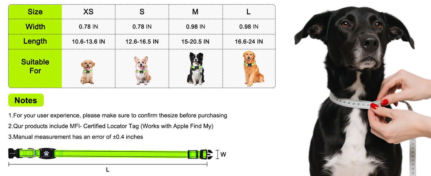 MYIWB Dog Collar Size Chart: XS/S/M/L, Measure Neck for Fit
