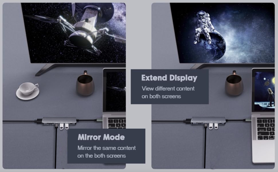 Dual monitor setup demonstration showing extend display and mirror mode features with space-themed content on screens.