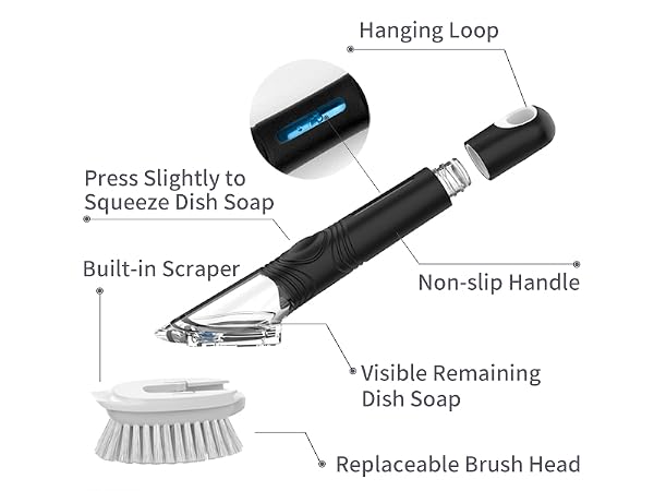 MR.SIGA Soap Dispensing Dish Brush, Kitchen Brush for Pot Pan Sink Cleaning, Black