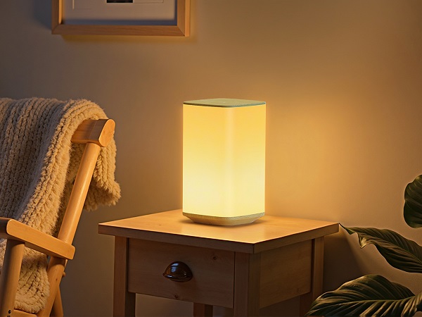 Dimmable nursery lamp casting gentle glare-free illumination in a cozy bedroom corner.