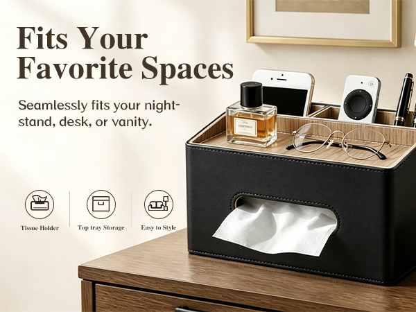 PU Leather Tissue Box Holder, Modern Facial Tissue Cover with Tray on Top