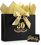 JMANNI Black Gold 30th Birthday Gift Bag with Card and Tissue Paper, 12.6"×9.84"×3.9" Elegant Pre...