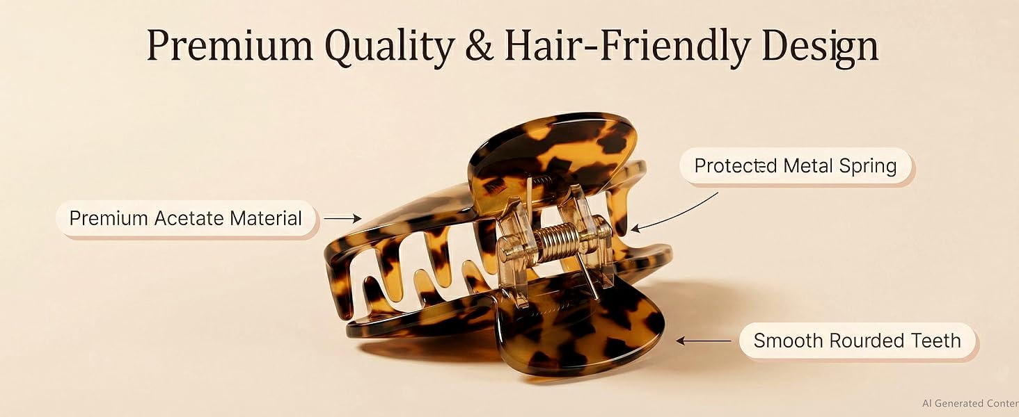 Text reads 'Premium Quality & Hair-Friendly Design' and '*Hypoallergenic Strong.' Product shown with tortoiseshell patterned hair claw clip displayed on neutral background.