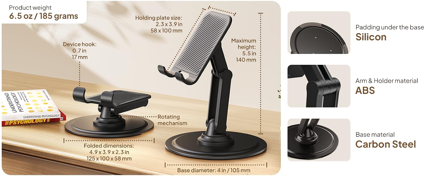 Durable cellphone stand for desk with sturdy carbon steel base, perfect for cell phone holders.