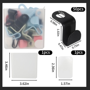 50 PCS multi-color hanger connector hooks with storage box and adhesive pads, dimensions shown