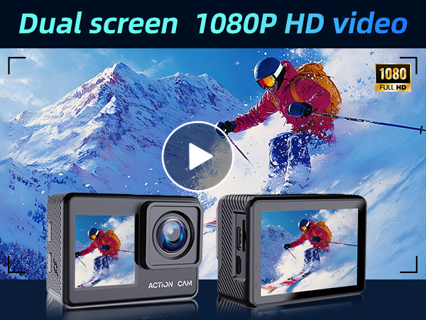 Text reads 'Dual screen 1080P HD video'. Action camera advertisement showing split view of camera and display screen, featuring skiing action shot.