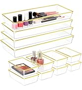 12 Pack Large Size Clear Stackable Drawer Organizer Trays, Gold Rim Makeup Drawer Storage Tray Di...