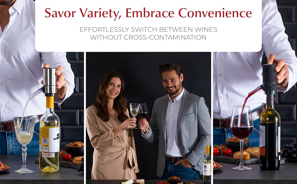 three images with the middle image featuring a man and woman touching wine glasses and smiling