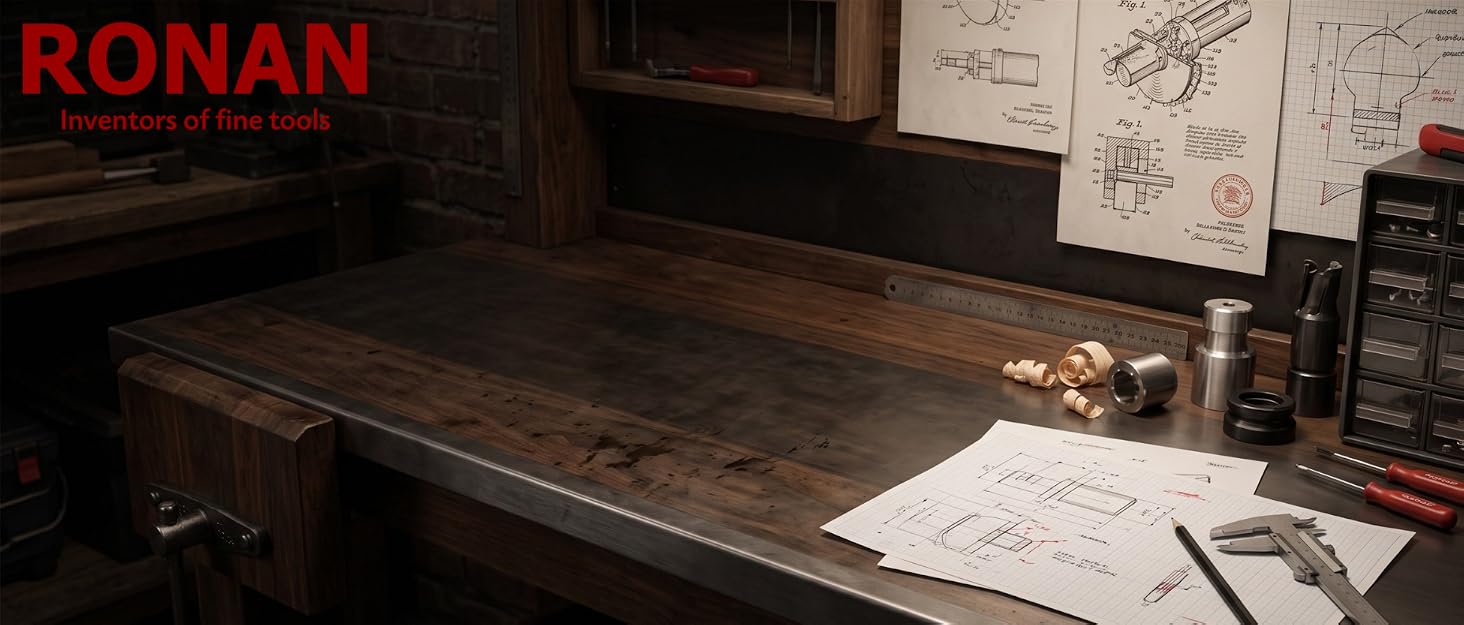 Worn workbench surface in a garage workshop lit by natural light