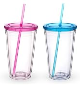 Zukro Clear Acrylic Tumbler with Straw and Lid 16 oz, Double Walled Insulated Reusable Plastic Ic...