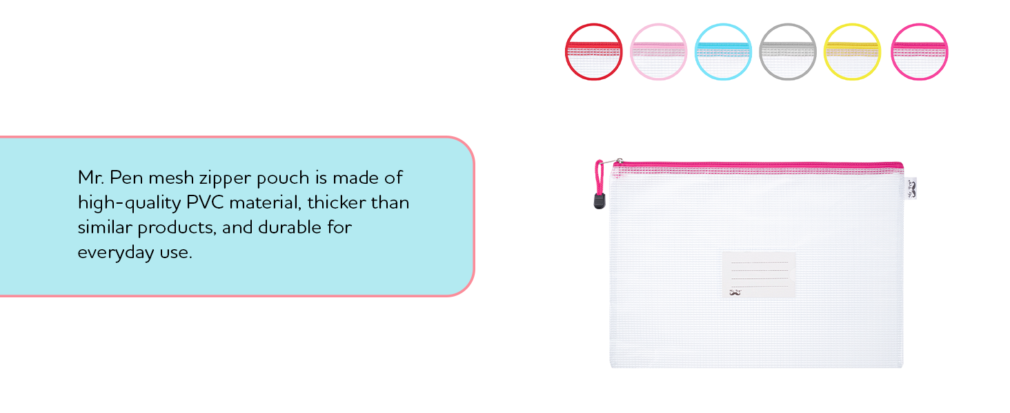 Mesh Zipper Pouch, A4, 6 Pack, Zipper Pouch with Label Pocket, Plastic Mesh Zipper