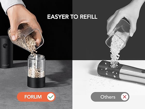 FORLIM grinder with removable clear chamber for easier peppercorn refilling