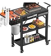 TomCare Grill Table with 3-Tier Storage Shelves Lockable Wheels Grill Cart with Silicone Grill Ma...