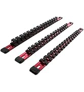 ABN Red Aluminum SAE Socket Holder Rail 3pc Set – 1/4in, 3/8in, 1/2in Tool & Socket Organizer Rai...