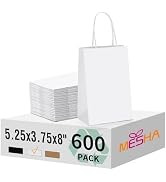 MESHA Gift Paper Bags 600 PACK 5.25x3.75x8'' White Small Shopping Kraft Bags Bulk with Handles Re...