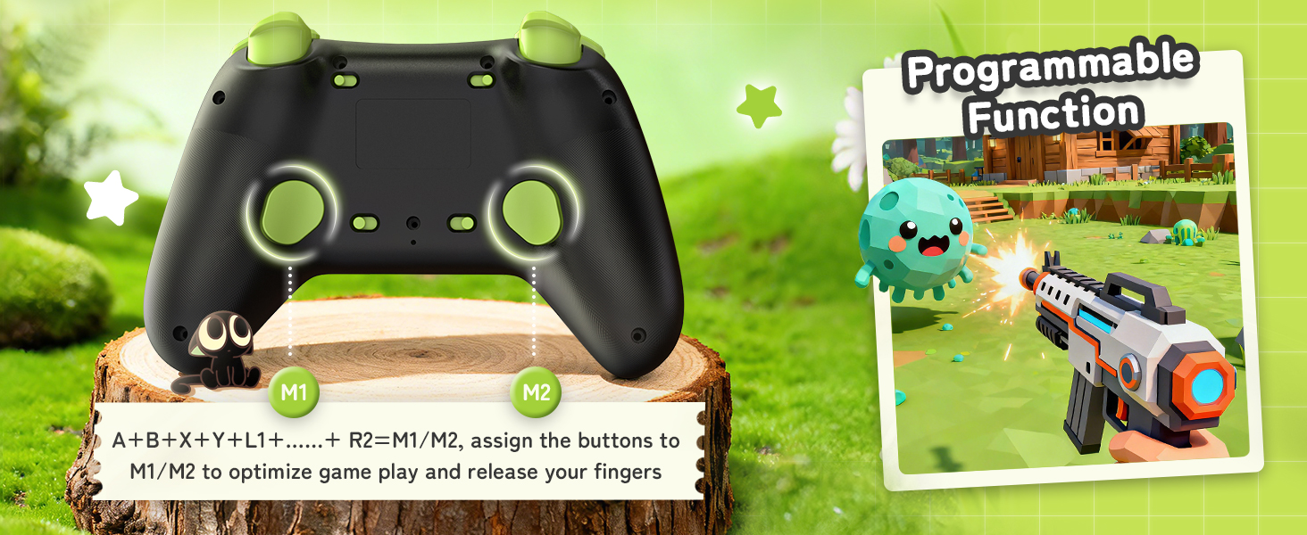 Text reads 'Programmable Function'. Game controller images shown against bright green background with technical interface elements.