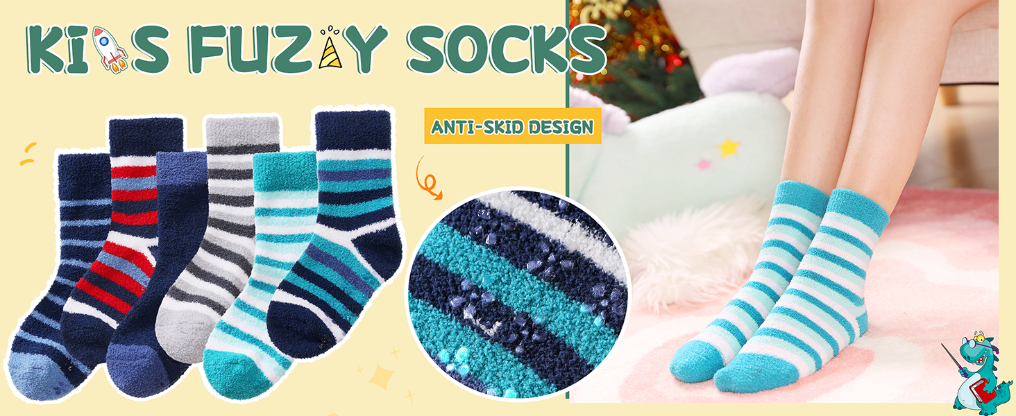 Kids Fuzzy Slipper Grip Socks Boys Girls Non Slip Winter Thick Fluffy Warm Plush Thermal Crew Socks