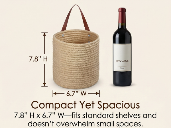 Woven wall basket displaying compact size and storage capacity for towels and daily essentials.