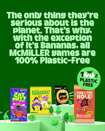 Marketing display showing four McMillen board game boxes against a green background, with text promoting their plastic-free packaging commitment except for Bananas game.