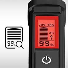 Digital measurement device with red LCD display showing voltage range 70V-1KV and percentage, featuring a power button and AC symbol.