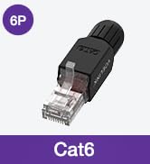 Text reads "Cat6". Small black network connector or cable component shown against white background with purple circular icon above it.