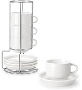 MALACASA 8 OZ Porcelain Espresso Cups with Saucers and Metal Stand Set of 4, Stackable Cappuccino...