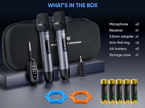Two Wireless Microphone, Dual-Mic Receiver, Storage Case, 5 AA Batteries, 2 Ring, 3.5mm Adapter