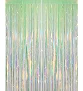 Iridescent Green Party Streamers Backdrop - 2 Pack 3.31 x 6.6 ft Neon Transparent Holographic Tin...