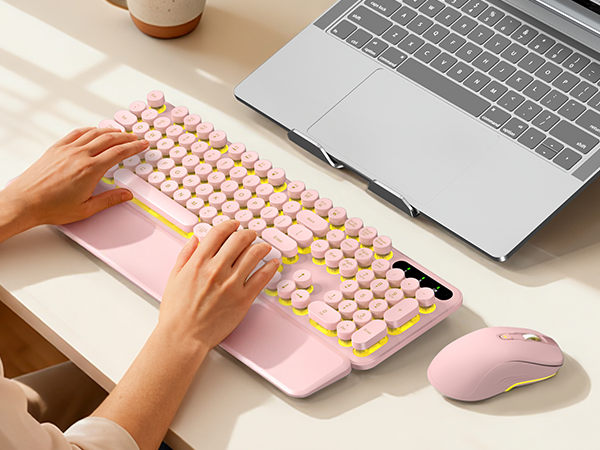 This cute wireless keyboard and mouse set adds both comfort and charm to your workspace